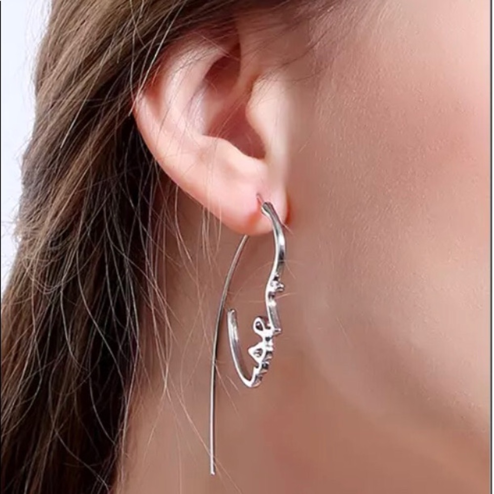 Silver Hollow Face Design Earrings - Picture 2 of 6